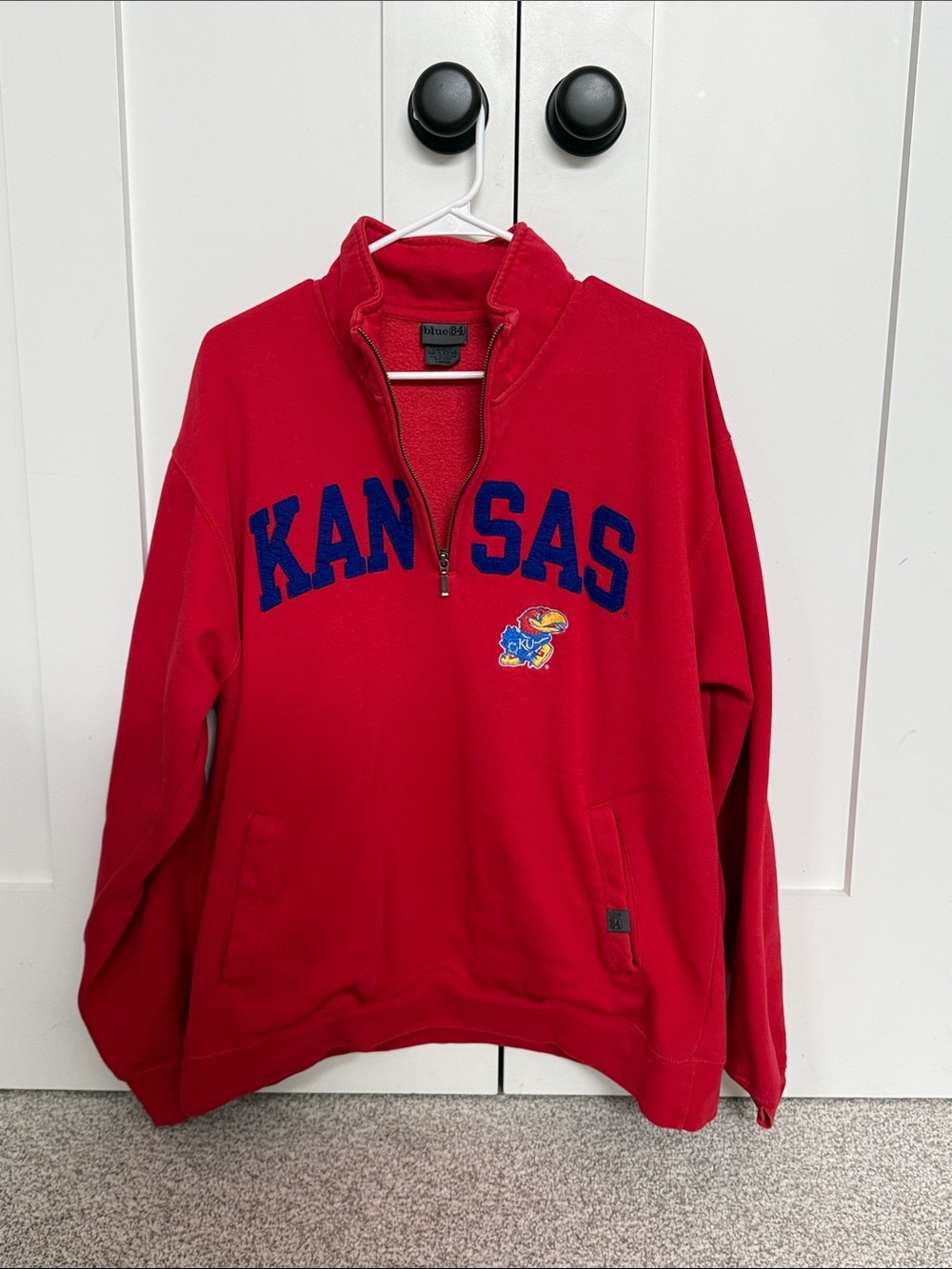 Kansas Red Quarter-Zip Sweatshirt with Jayhawk Patch